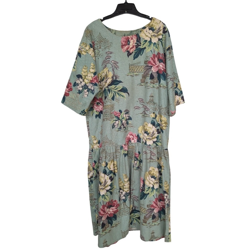 Vintage Handmade Chinoiserie Floral Dress Pagoda Print Midi Cottagecore XL‎